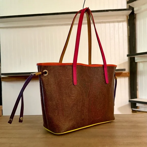 Etro Milano Brown Paisley Medium Shopper Tote Bag with Neon Trim & Straps - Picture 2 of 14